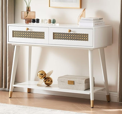 Mid Century Modern Entryway Table with Two Drawers and Open Shelf, Narrow Console Sofa Table for Living Room, Hallway, Rectangular, White