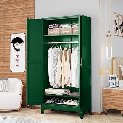 Metal Wardrobe Cabinet with Hanging Rod, 71" Metal Clothing Storage Cabinets with 2 Doors and Adjustable Shelves, Green Armoire Wardrobe Closet for Bedroom, Laundry Room, Cloak Room