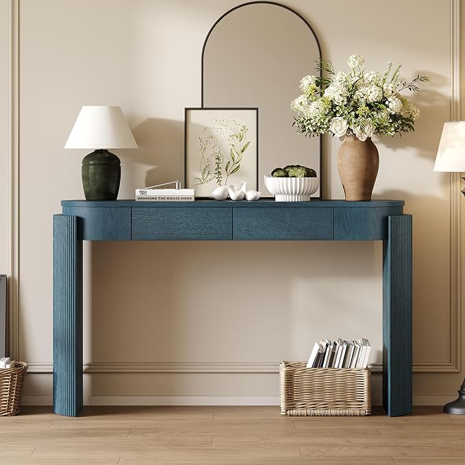 LKTART 55" Sofa Table with Oval Top and 2 Drawers, Entryway Console Table with Fluted Design for Hallway,Foyer,Entry and Living Room (Easy Assembled-Navy)