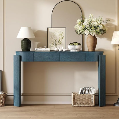 LKTART 55" Sofa Table with Oval Top and 2 Drawers, Entryway Console Table with Fluted Design for Hallway,Foyer,Entry and Living Room (Easy Assembled-Navy)