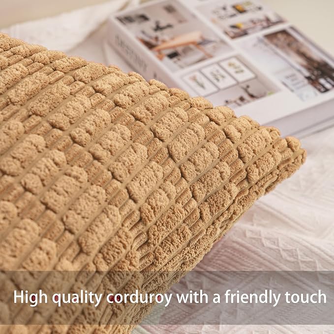 Aegero Pack of 2 Corduroy Decorative Throw Pillow Covers 12x20 Inch Soft Striped Pillow Covers Modern Farmhouse Home Decor for Sofa Living Room Couch Bed（Coffee）