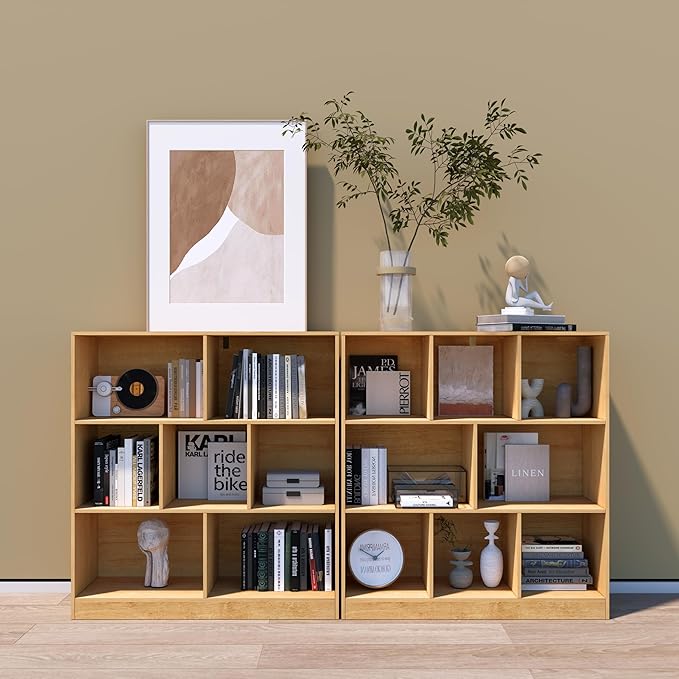 7-Cube Wooden Bookshelf with Base,3-Tier Freestanding Open Storage Organizer,Multi-Functional Bookcase for Living Room,Bedroom,Study and Office (Oak, 7-Cube)