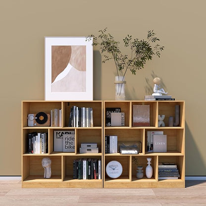 7-Cube Wooden Bookshelf with Base,3-Tier Freestanding Open Storage Organizer,Multi-Functional Bookcase for Living Room,Bedroom,Study and Office (Oak, 7-Cube)