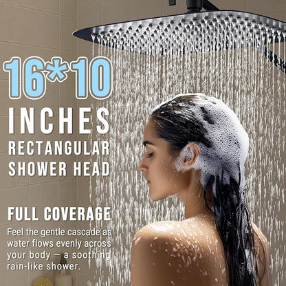 G-Promise All Metal 16 Inch Dual Square Shower Head with Handheld Spray Combo, Rain Shower Head, Adjustable Extension Arm, 3-Way Diverter, 71 Inch Extra Long Hose - A Bathroom Upgrade (Matte Black)