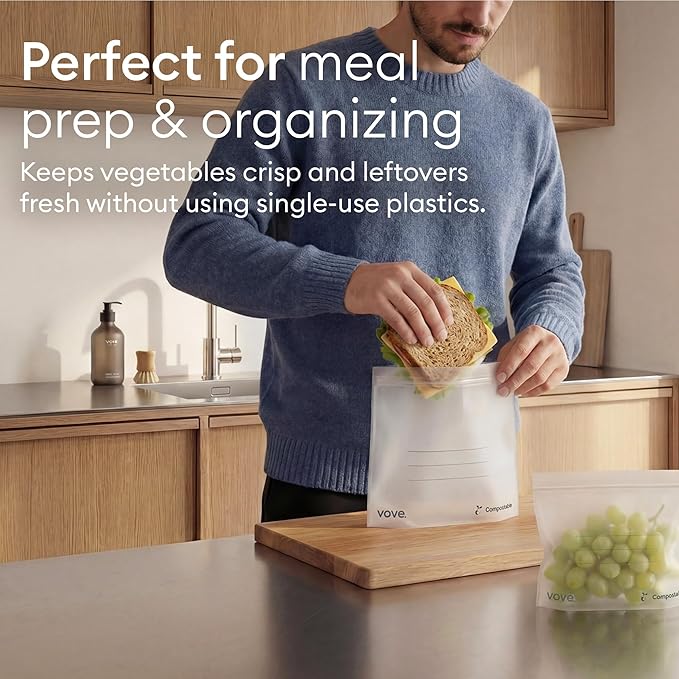 Vove Compostable Sandwich Bags 30 Ct – PFAS-Free, BPI Certified, Freezer Safe with Airtight Seal for School Lunches & Meal Prep, Plant-Based