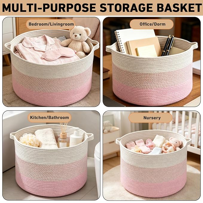 115L Extra Large Blanket Basket,Woven Rope Laundry Basket Hamper with Handles, Decorative Nursery Basket Storage Bin for Toys, Clothes Organizer, Living Room, Bedroom, Bathroom, Pink