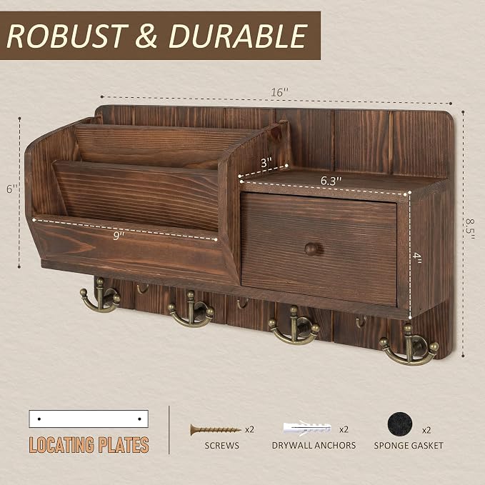 Rebee Vision Pine Wood Key Holder Wall Mount with Mail Sorter for Home Decor- Rustic Key and Mail Holder for Wall with Hooks and Drawer Organizer - Ideal for Apartment Essentials (Retro Brown)