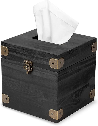 Ilyapa 5 x 6 Rustic Tissue Box Holder - Hinged Lid Tissue Dispenser for Bathroom Living Room Bedroom - Black Weathered Wood