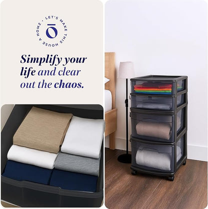 HOMZ 2-Pack Drawer Tower, 4-Tier Clear Plastic Storage Organizer Cart, Black Tint and Frame - Organizing Containers with Wheels for Home, Bathroom, Bedroom, Office, and Classroom