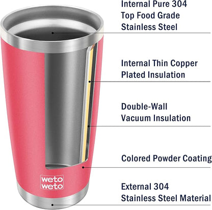WETOWETO 20oz Tumbler with 2 lids and 2 straws, Stainless Steel Vacuum Insulated Water Coffee Tumbler Cup, Double Wall Powder Coated Spill-Proof Travel Mug Thermal Cup (Watermelon Red, 1 Pack)