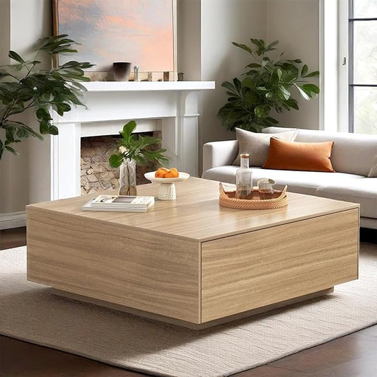 chartustriable 43” Square Coffee Table with Storage, 43" D x 43" W x 17" H Modern Large Square Center Table with 2 Drawers, Wood Coffee Table for Living Room, Light Brown,Bedroom,Light Brown