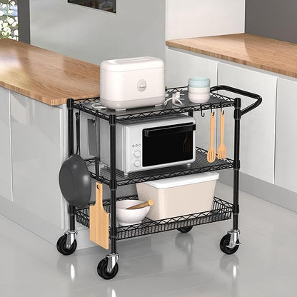 Folews Heavy Duty Rolling Cart with Wheels, 3 Tier Commercial Grade Utility Cart, Metal Kitchen Storage Trolley with Handle Bar & Shelf Liner for Food Service Tool, Black
