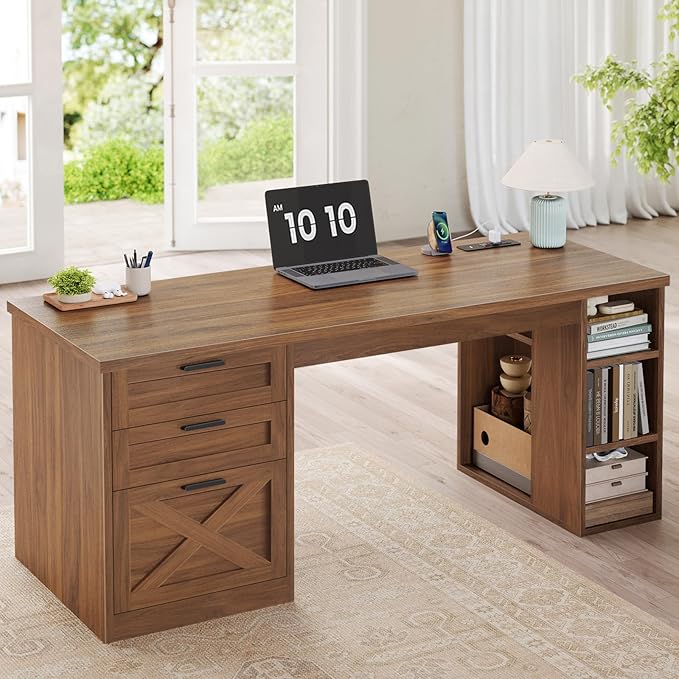 SEDETA 55.1" Executive Office Desk with 3 Drawers, Farmhouse Computer Desk with File Drawer & Storage Shelves, Home Office Desk with Power Outlet for Home Office, Brown