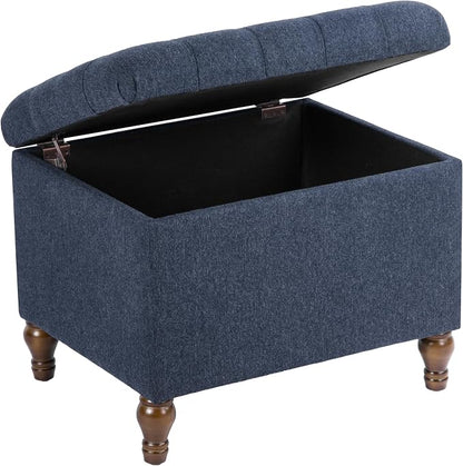 Spatial Order Home Decor | Upholstered Button Tufted Storage Ottoman | Hinged Lid Ottoman with Storage for Living Room & Bedroom | Decorative Home Furniture (Blue Woven Fabric)