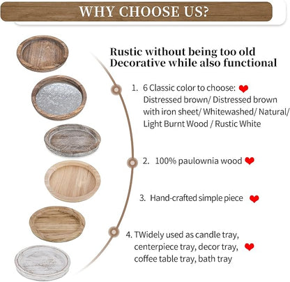Hanobe Rustic Wooden Serving Tray: Round Wood Decorative Tray Rustic White Set of 2 Centerpiece Candle Holder Trays Farmhouse Ottoman Tray for Kitchen Counter Home Decor for Coffee Table