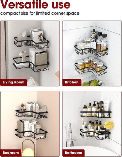 Sakugi Corner Shower Caddy - 2 Pack, Adhesive Shower Organizers, Rustproof Stainless Steel Shower Shelves with 8 Hooks, No Drilling Bathroom Organizers and Storage Racks, Space-Saving, Black, Large