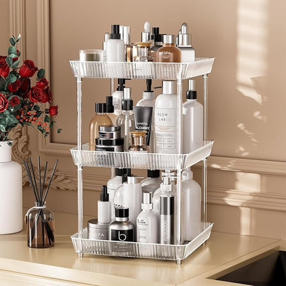 2 Tier Lazy Susan Bathroom Countertop Organizer, 360° Clear Rotating Square Storage Tray, Cosmetics and Perfume Organizer, Spinning Storage Tray Vanity Organizer Shelf for Bathroom Cabinet, Kitchen