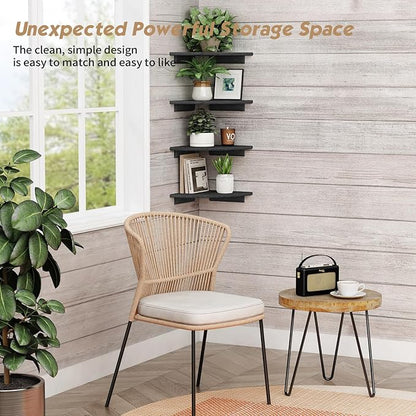 Forbena Black Floating Corner Bookshelf for Wall Set of 4, Large Corner Plant Shelves for Living Room, Rustic Rounded Hanging Bookshelves Wall Mounted for Bedroom Books, Kitchen, Closet, Office