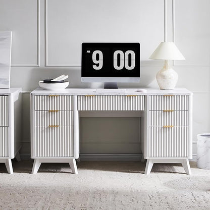 T4TREAM Fluted Executive Desk with Drawers, 60" Modern Home Office Computer Desk with Charging Station, File Cabinet, Keyboard Tray and Storage Cabinet for Study, Living Room, Bedroom, Solid White
