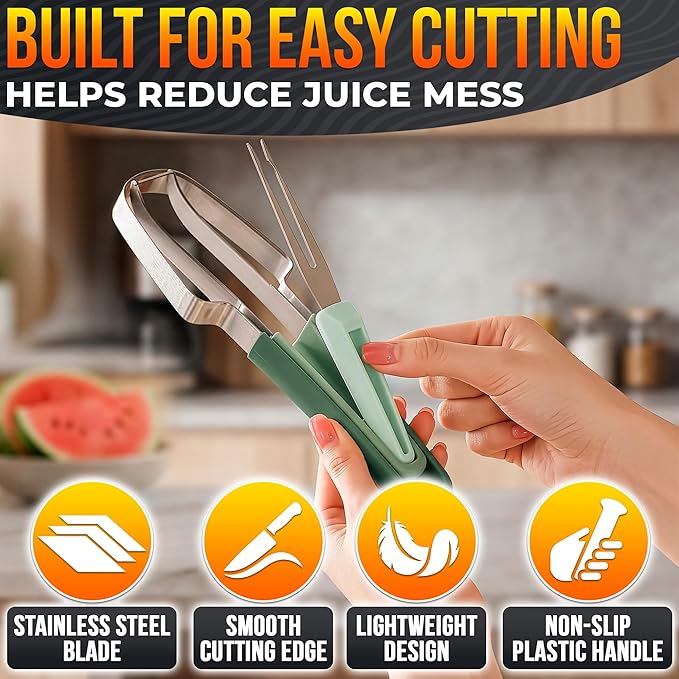 3-in-1 Watermelon Slicer Tool — Stainless Steel Portable, Mess-Free Multi-Use Kitchen Gadget for Summer Picnic, BBQ, Pool Party, Family Hosting, Hostess Gift — Watermelon Cutter Slicer Tool Kit