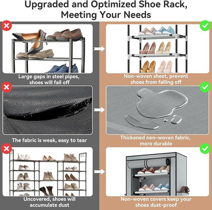 ROJASOP Shoe Rack with Covers 10 Tier Large Shoe Organizer Tall Shoe Closet Storage for 20-22 Pairs Shoe and Boot, Free Standing Shoe Rack Organizer for Closet, Entryway, Bedroom, Grey