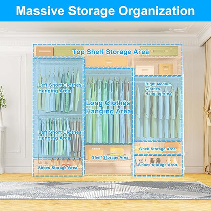 Ulif E13C Heavy Duty Closet Organizer System，Freestanding Clothing Racks for Hanging Clothes，Adjustable Garment Rack 63" W x 16" D x 77" H Hold 960 lbs，White Clothing Rack with White Dustproof Cover