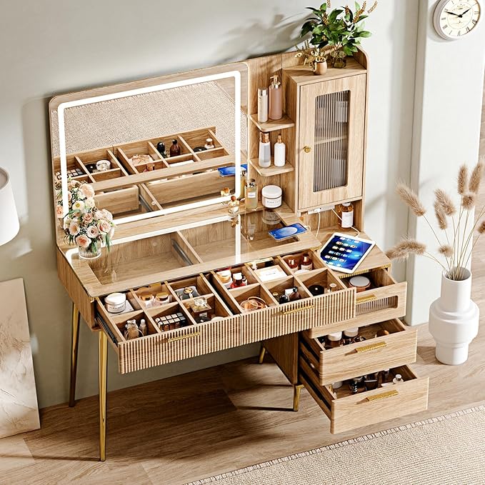 Vanity Desk with 29.53" HD Lighted Mirror, 47.24" Big Modern Vanity Desk with Mirror and Lights, Makeup Vanity with 5 Drawers and Storage Shelves and Charging Station, Oak2