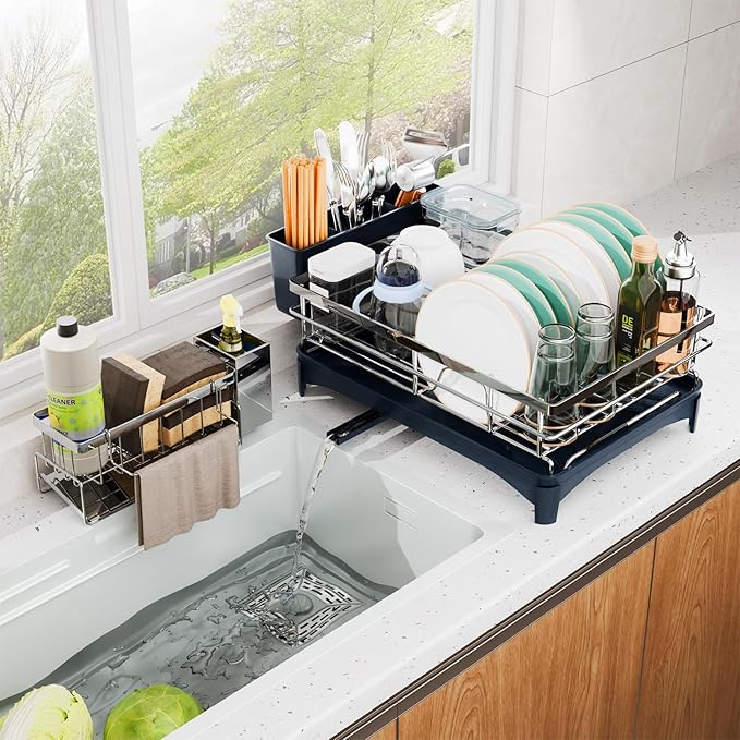 Dish Drying Rack, 304 Stainless Steel Dish Racks for Kitchen Counter with Cutlery Holder & Sponge Holder, Large Dish Drainer with Removable Drainboard, 11.8''W x 16.7''L (Stainless Steel)