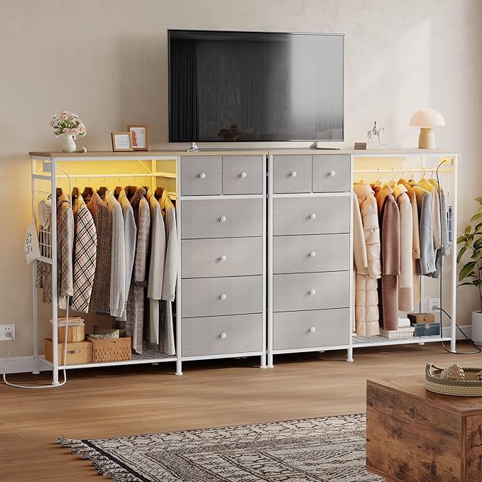 OLIXIS 6 Storage for Bedroom with Hanging Rack with LED Lights & Charging Station, Fabric Chest of Storage with Rack, Wooden Top, for Home Living Room Entryway Light Grey