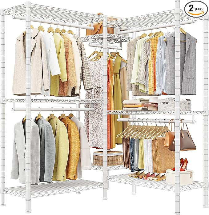 Raybee Clothes Rack, Clothing Racks for Hanging Clothes, L Shaped Clothing Rack for Corner 900LBS Heavy Duty Clothes Rack Garment Rack 74.5" W X 18" D X 77" H, White