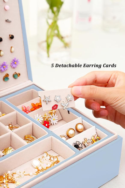 QBestry Girls Jewelry Box Earring Holder Organizer for Girls Jewelry Organizer Box Stud Earrings Organizer for Girls Womens Blue Jewelry Box for Earrings and Necklaces Rings Stud Earrings Box for Teen