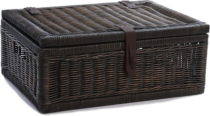 The Basket Lady Covered Wicker Storage Basket, Small, 17 in L x 11 in W x 6 in H, Antique Walnut Brown