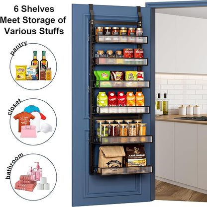 Over the Door Pantry Organizer 6 Tier Hanging or Wall Mounted Spice Rack with Adjustable Basket,Heavy Duty Metal Seasoning Organizer Shelf for Kitchen Pantry and Bathroom