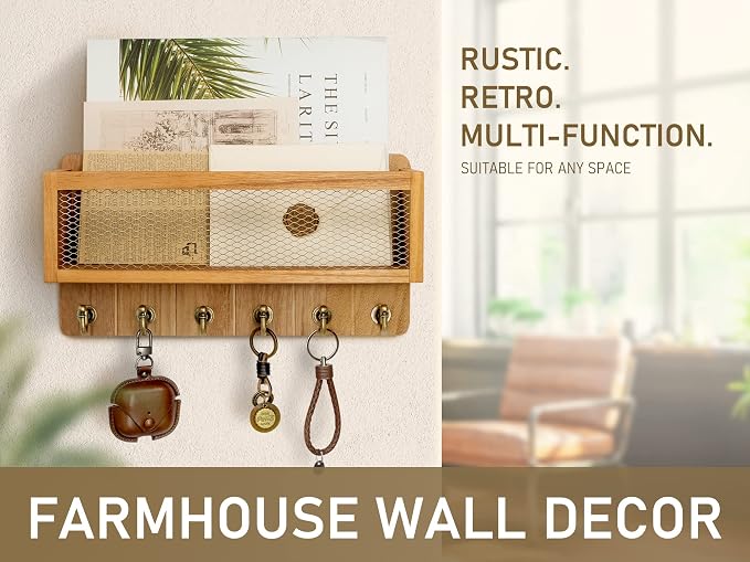 Rebee Vision Farmhouse Key and Mail Holder for Wall with Mesh Mail Basket : Decorative Mail Organizer Wall Mount with 6 Retro Key Hooks - Rustic Home Decor for Entryway (Light Brown)