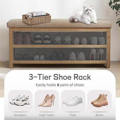 2 Tier Shoe Rack Bench with Cushion, Solid Wood Shoe Benches, Mid-Century Modern Shoe Storage Bench for Entryway, Hallway, Living Room, Closet, Front Door Entrance, (Brown, 39.4")