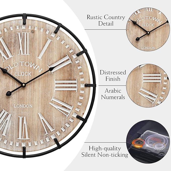 MICWIC 20 Inch Grand Farmhouse Wall Clock, Vintage-Inspired Wood & Metal Design with Large Etched Numbers, Silent Battery-Powered Timepiece for Offices, Kitchens, Bedrooms, and Living Rooms