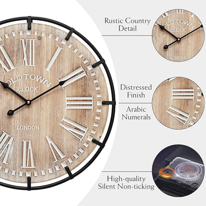MICWIC 20 Inch Grand Farmhouse Wall Clock, Vintage-Inspired Wood & Metal Design with Large Etched Numbers, Silent Battery-Powered Timepiece for Offices, Kitchens, Bedrooms, and Living Rooms