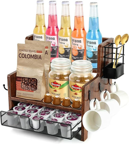 3-Tier Coffee Station Organizer for Countertop, Wood Coffee Bar Organizer with Drawer, Rustic Coffee and Tea Condiment Organizer, K-Cups Coffee Corner Organizer with 6 Hooks for Coffee Bar Accessories