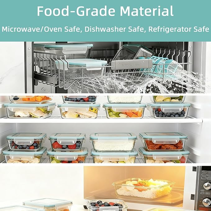 8 Pack Glass Food Storage Containers with Airtight Lids, Glass Sets with Lids, Meal Prep Containers for Microwave, Oven, Freezer and Dishwasher