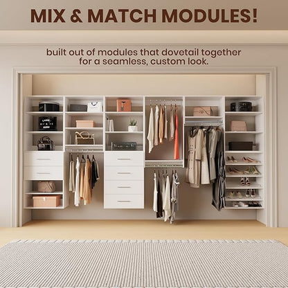 ROOMTEC Modular Closet System, 67" Wall-Mounted Closet Organizer with Hanging Rods, Wooden Tower for Walk-In Closets, Wardrobe Storage Kit, White