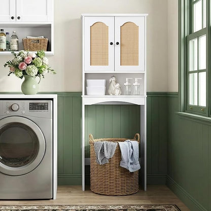 Over The Toilet Storage Cabinet, Above Toilet Organizer with 2 Rattan Doors, Modern White Finish, 24x70 inch Space Saving Freestanding Bathroom Cabinet