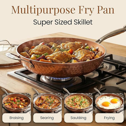 Gotham Steel Hammered Copper 14 Inch Non Stick Frying Pan with Lid, Nonstick Frying Pan with Ceramic Coating and Induction Plate for Even Heating, Oven / Dishwasher Safe, 100% Healthy & Non Toxic