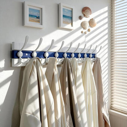 SKOLOO Coastal Coat Rack Wall Mount-38-1/8 Beach House Entryway Wooden Coat Hook with 10 Hooks for Hanging Coats, Hats or Towels, Oceanfront Cottage Core Collection, White & Blue, Pack of 2