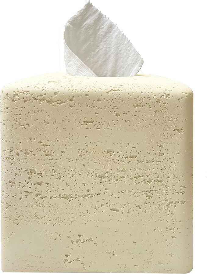 Marble Tissue Box Cover Square Decorative Stone Klenex Box Holder for Bathroom & Living Room with Handcrafted Texture (Beige Yellow)