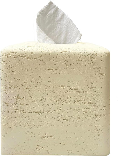 Marble Tissue Box Cover Square Decorative Stone Klenex Box Holder for Bathroom & Living Room with Handcrafted Texture (Beige Yellow)