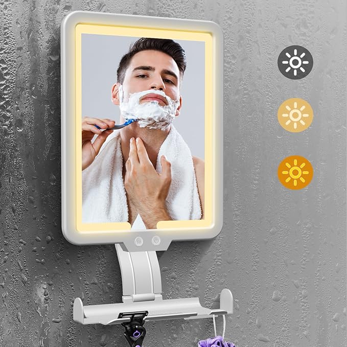 Instant Heated fog free Shower Mirror Fogless for Shaving for Women Makeup Removing,Anti fog Mirror for shower with 3-Color Dimming Light,Rechargeable Lighted Mirror,2Ways Wall Mounted Shower Mirrors