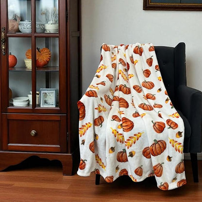 Home Decor Farmhouse Fall Fleece Throw Blanket: Harvest Pumpkins Leaves and Wheat on Velvet Fleece, Oversized Measures 70" inches x 50" inches