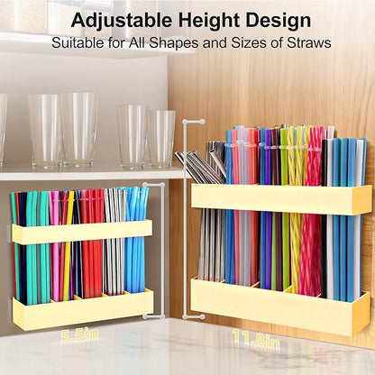 Straw Holder for Cabinet Door, 9.6” Adjustable Two-Part Large Acrylic Straws Organizer with Ultra Sticky Adhesive Strips, 2025 Reusable Straw Storage for Kitchen Cupboard (Milky Yellow)