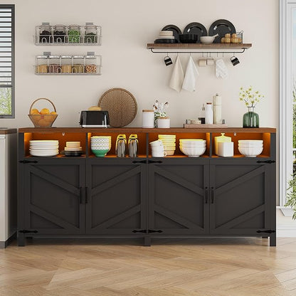 63'' Buffet Sideboard with Storage with Power Outlets & LED Light 4 Doors, Large Farmhouse Kitchen Storage Cabinet Wood Coffee Bar Cabinet Buffet Table for Kitchen, Dining Room, Entryway