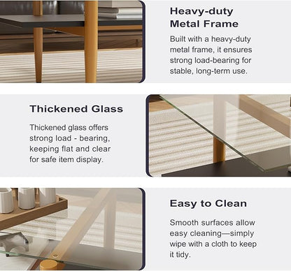 Glass Coffee Table, Rectangle Living Room Center Table with Golden Legs, Mid-Century Modern Accent Tables with Open Shelf for Living Room, Office, Black
